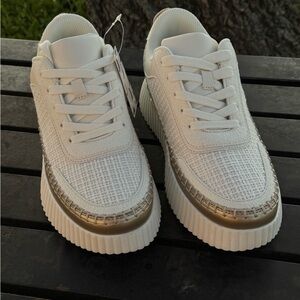 Women's White Platform Sneakers with Gold Trim